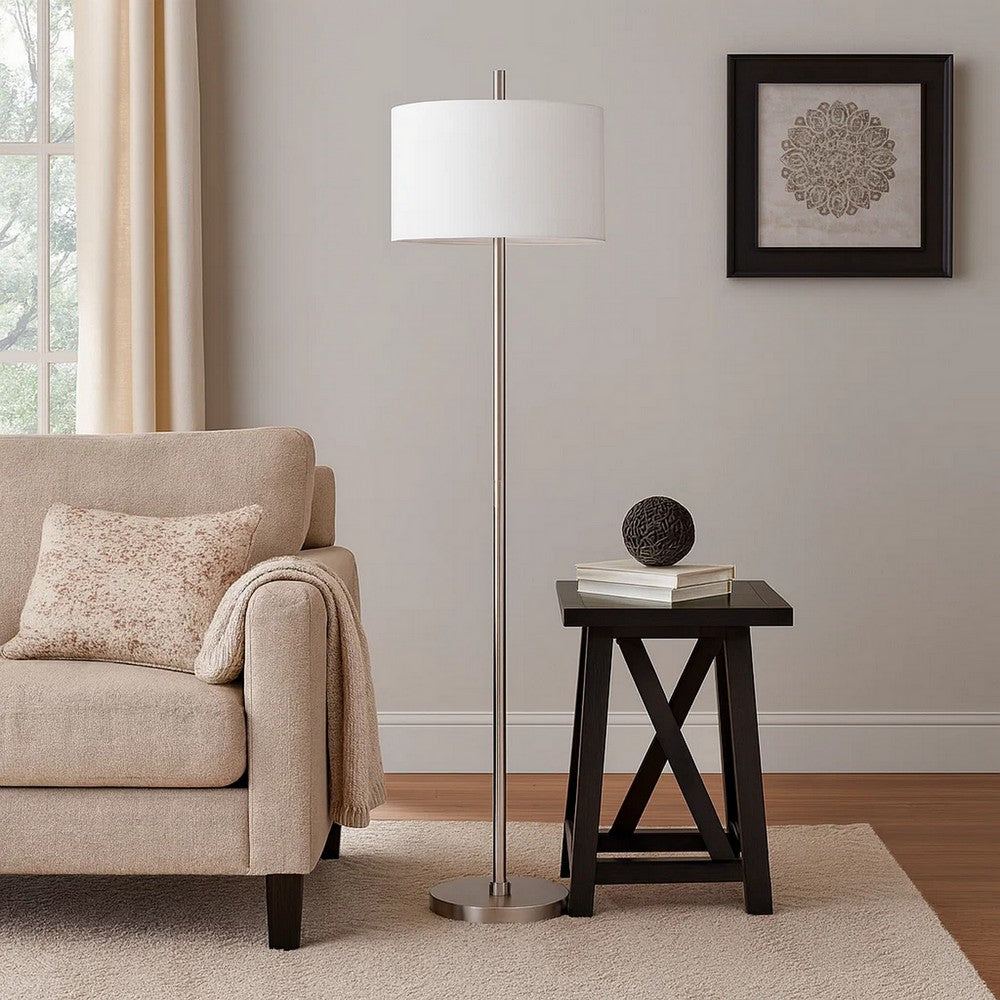 Ano Floor Lamp, Slim Frame, White Drum Shade, Chrome Metal 67 Inch