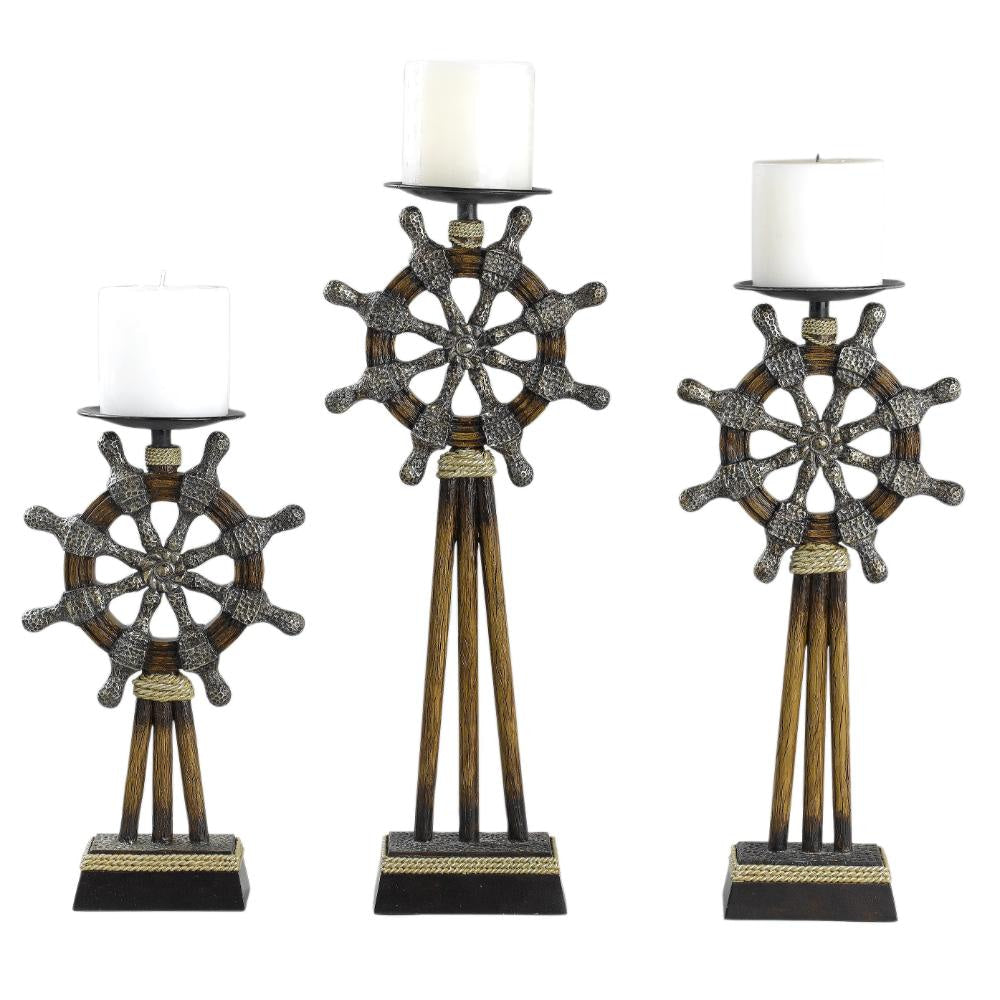 Capi 3pc Candle Holder Set w Candles Bronze Wheel Shape Solid Base BM323993