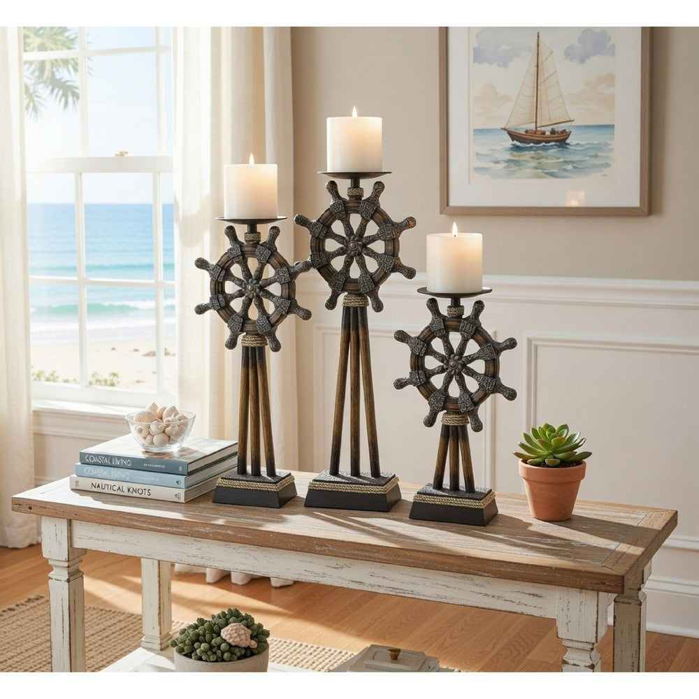 Capi 3pc Candle Holder Set w Candles, Bronze Wheel Shape, Solid Base