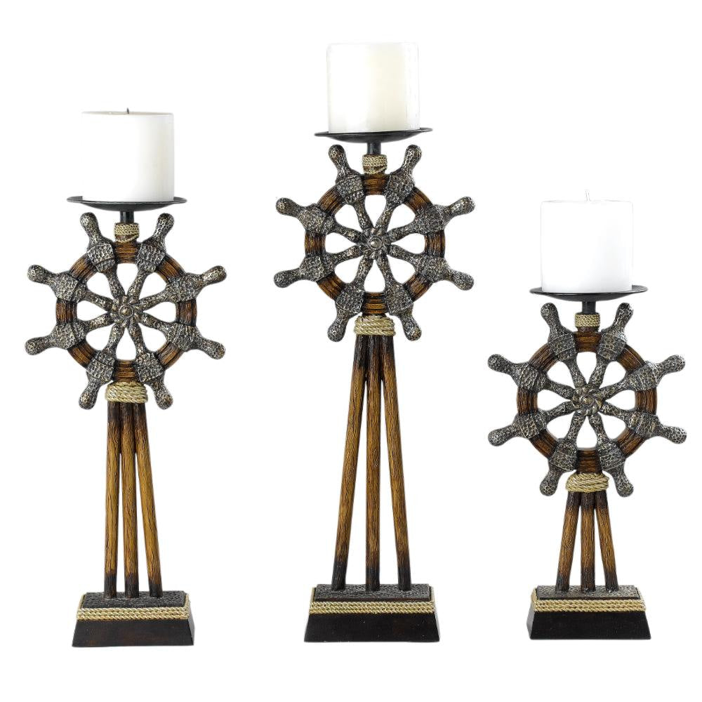 Capi 3pc Candle Holder Set w Candles, Bronze Wheel Shape, Solid Base