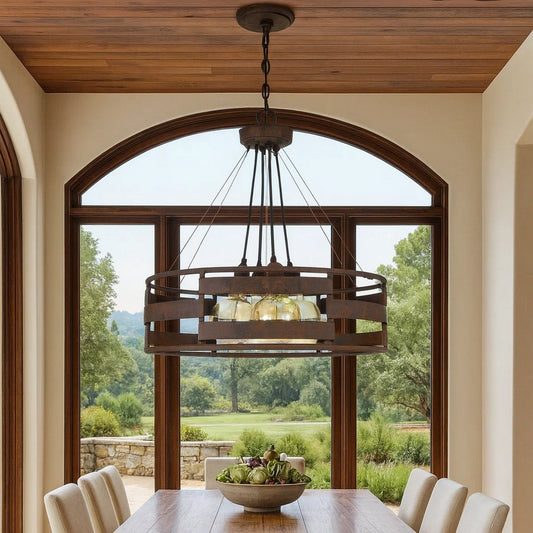 Frot 24 Inch Chandelier w Light Bulbs, Suspended Cable Design, Rust