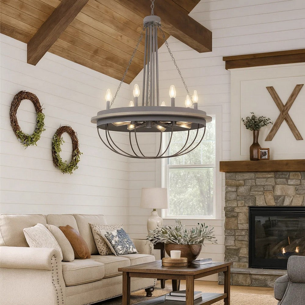 Nexy 29 Inch Chandelier, 8 Light Bulb Sockets, Gray Metal Cage Design