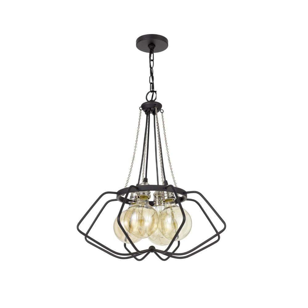 Lima 22 Inch Chandelier w 4 Light Bulbs, Black Metal Cage Design