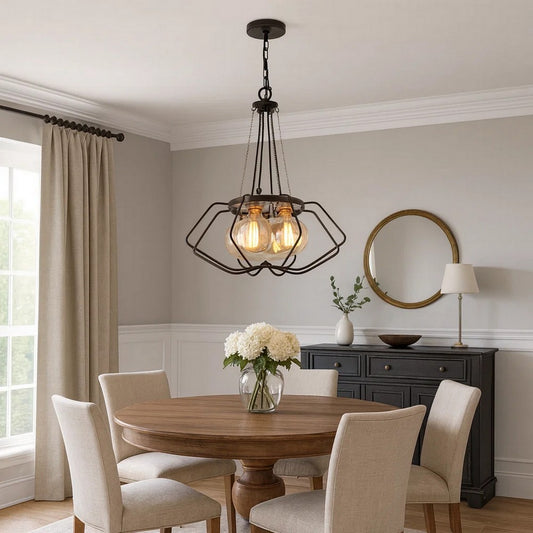 Lima 22 Inch Chandelier w 4 Light Bulbs, Black Metal Cage Design