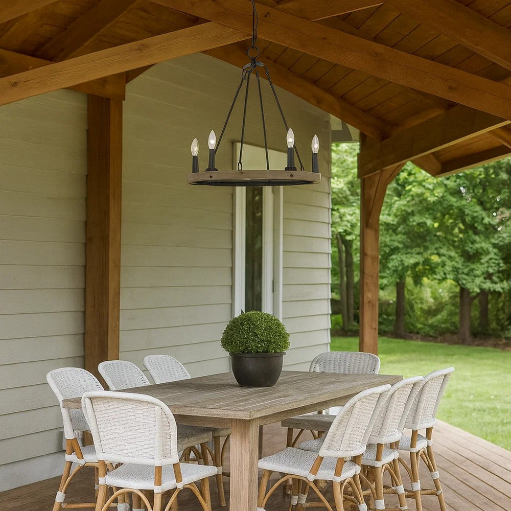 Stomy 23 Inch Chandelier, Brown Wood Wheel Design, Black Metal Chain