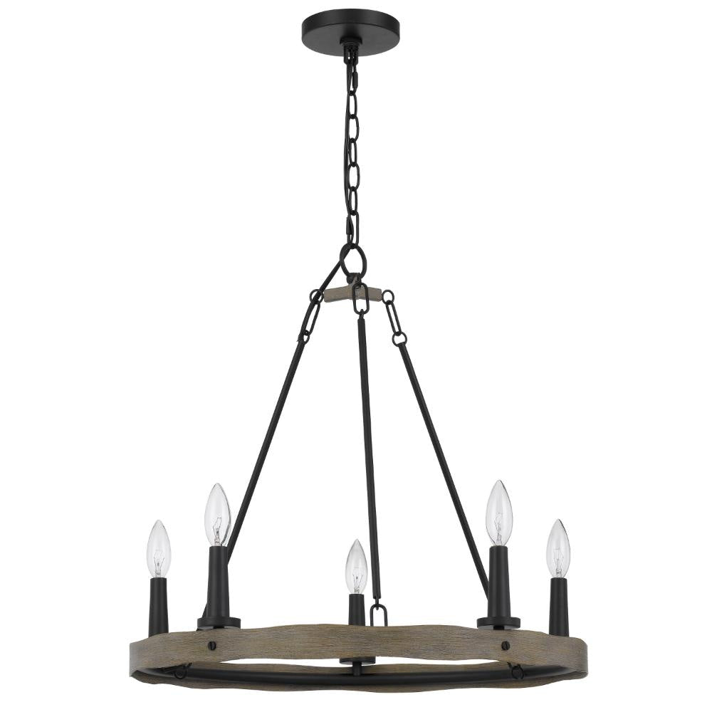 Stomy 23 Inch Chandelier, Brown Wood Wheel Design, Black Metal Chain
