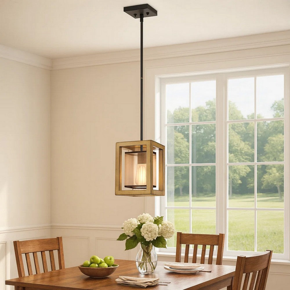 Acia 8 Inch Pendant Light, Rustic Brown Organza Shade, Wood, Metal