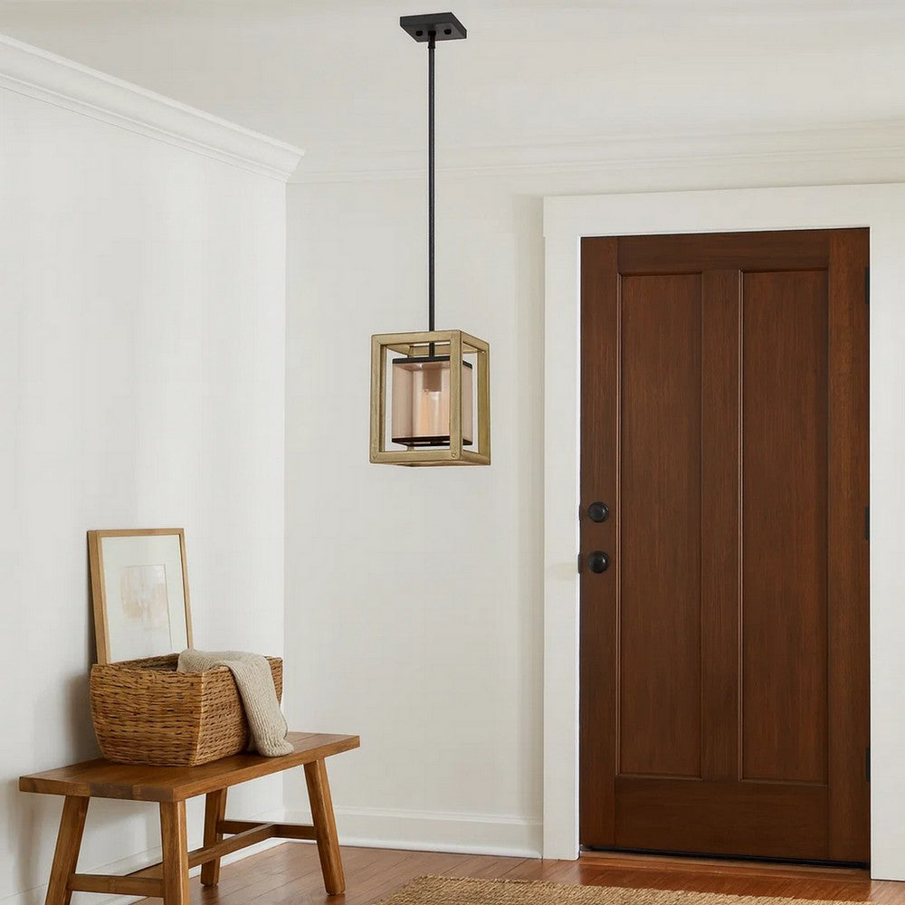 Acia 8 Inch Pendant Light, Rustic Brown Organza Shade, Wood, Metal