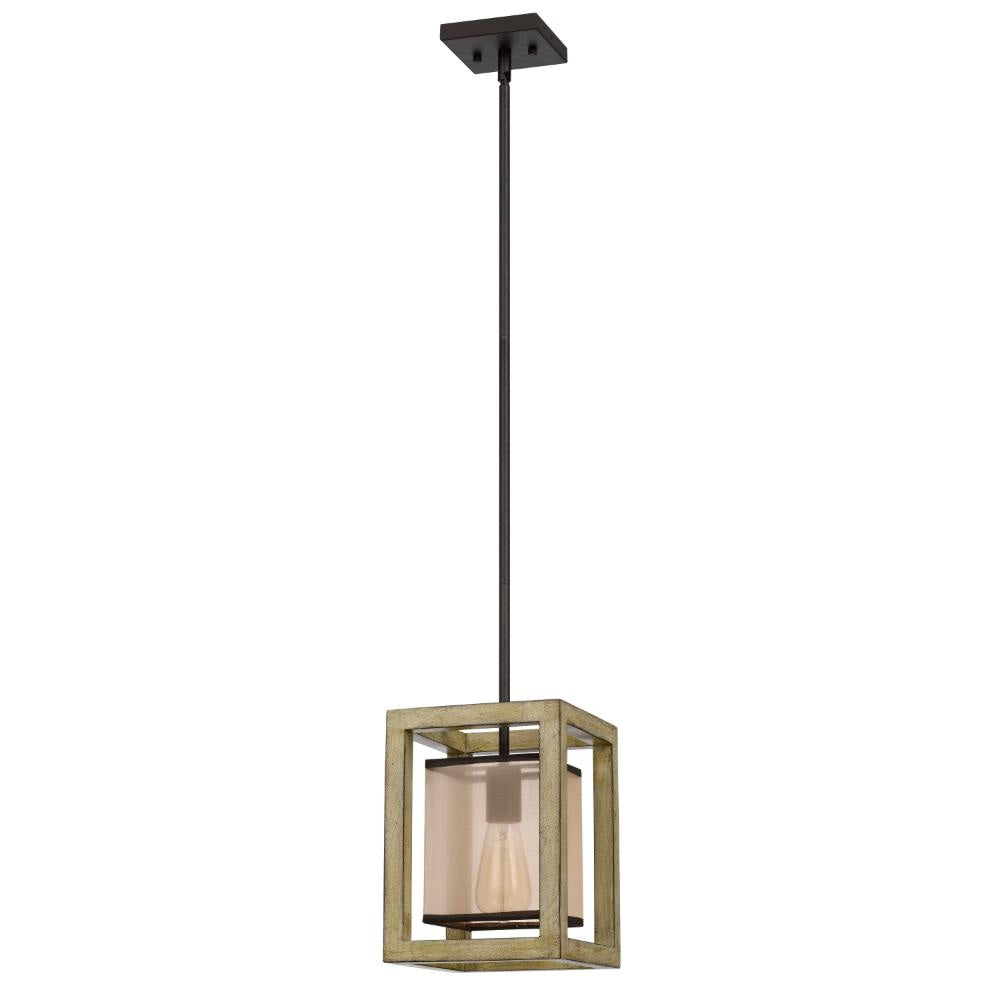 Acia 8 Inch Pendant Light, Rustic Brown Organza Shade, Wood, Metal