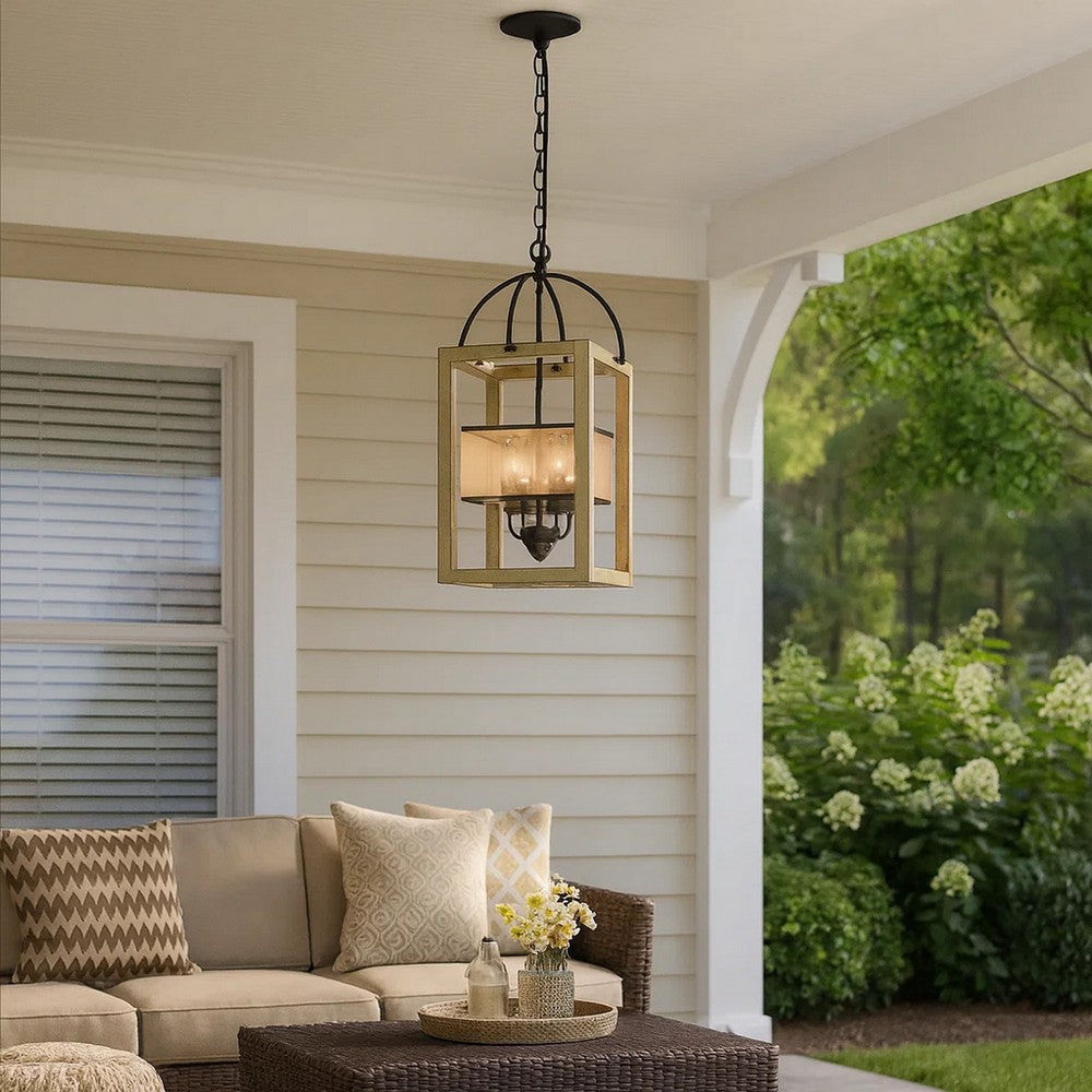 Acia 12 Inch Chandelier, Distressed Brown Organza Shade, Wood, Metal