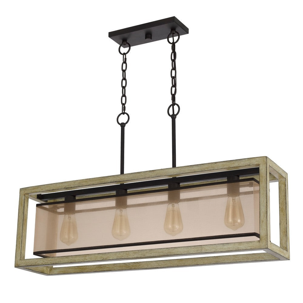 Acia 36 Inch Chandelier, Rectangular Organza Shade, Wood, Metal