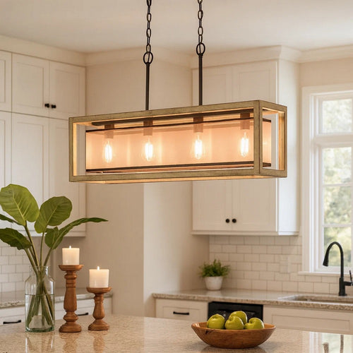 Acia 36 Inch Chandelier, Rectangular Organza Shade, Wood, Metal