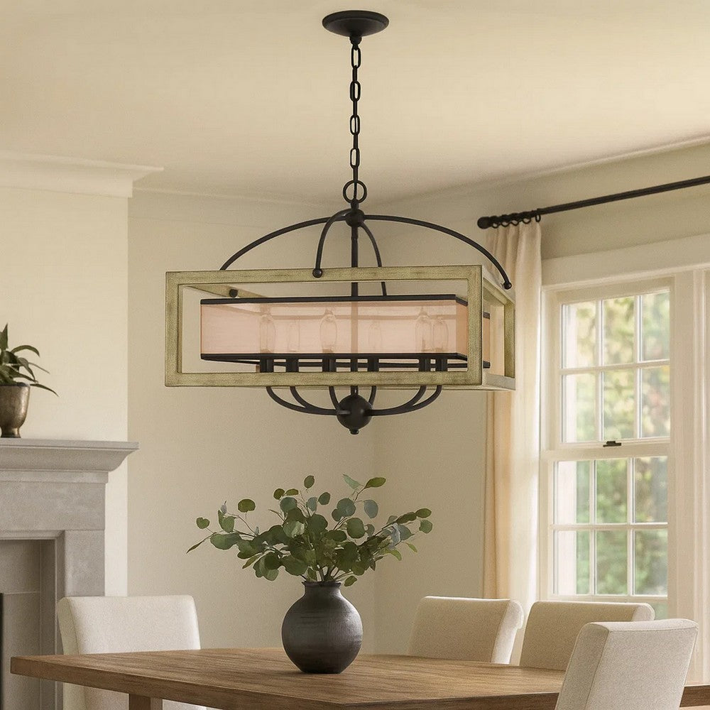 Acia 24 Inch Chandelier, Square Organza Shade, Wood, Metal