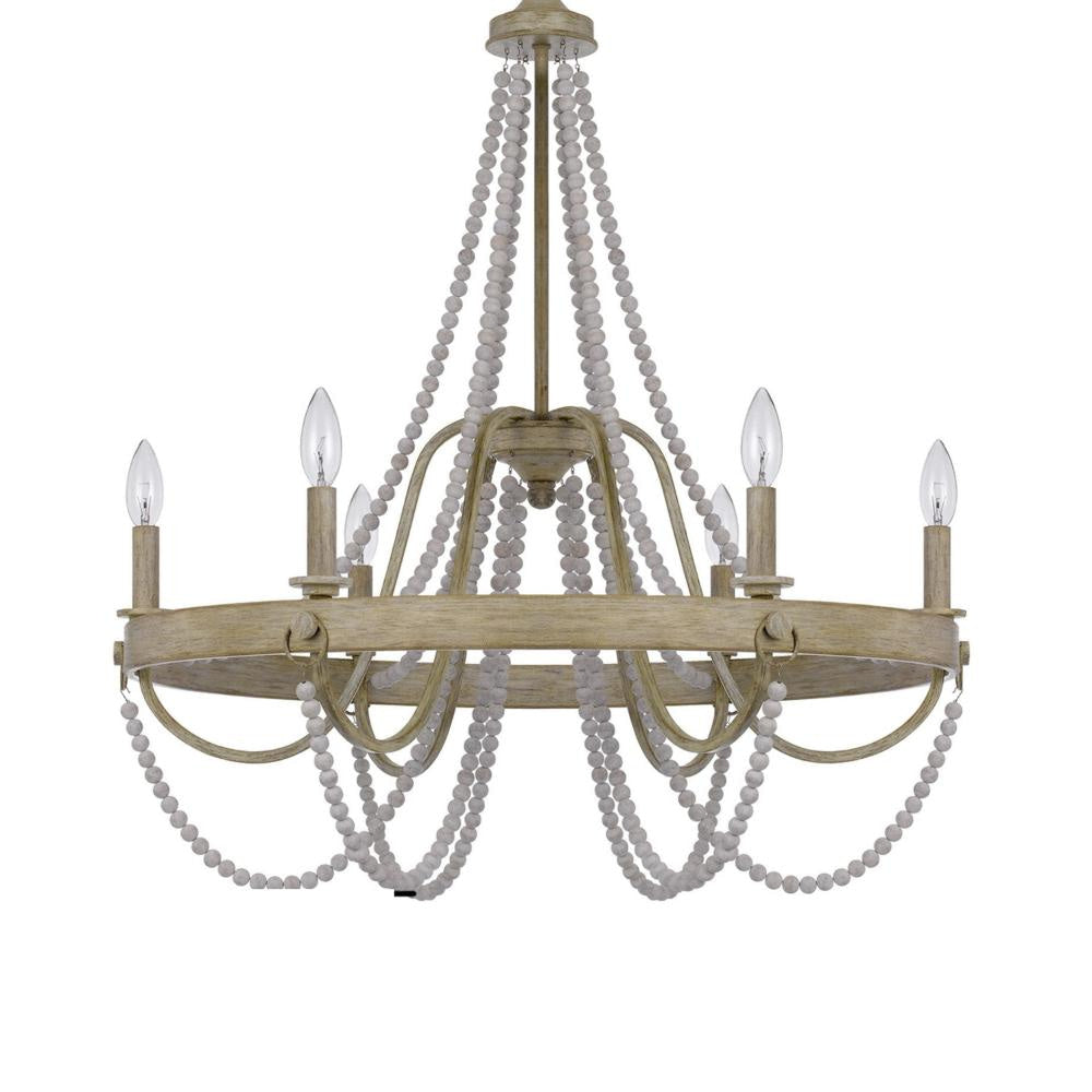 Maci 28 Inch Chandelier White Beaded Candelabra Design Brown Wood BM324009