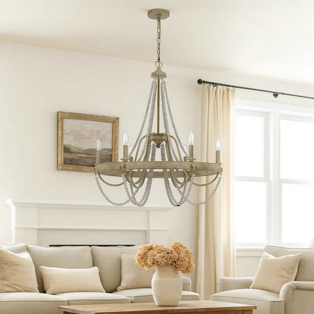 Maci 28 Inch Chandelier, White Beaded Candelabra Design, Brown Wood