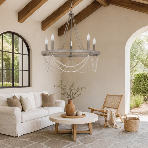 Lony 26 Inch Chandelier with White Beaded Candelabra Design, Metal