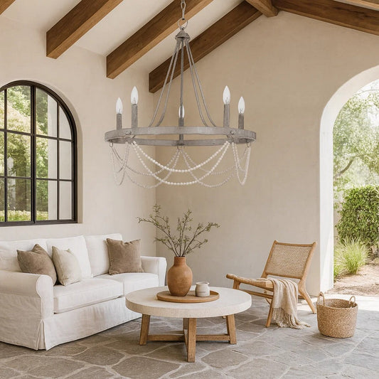 Lony 26 Inch Chandelier with White Beaded Candelabra Design, Metal