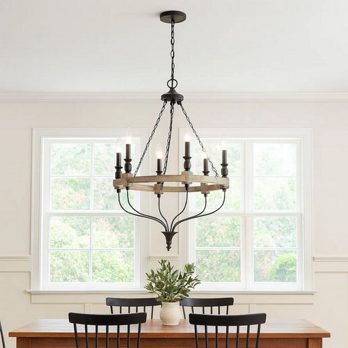 Omy 26 Inch Chandelier, Distressed Wood Wheel Candelabra Design, Black