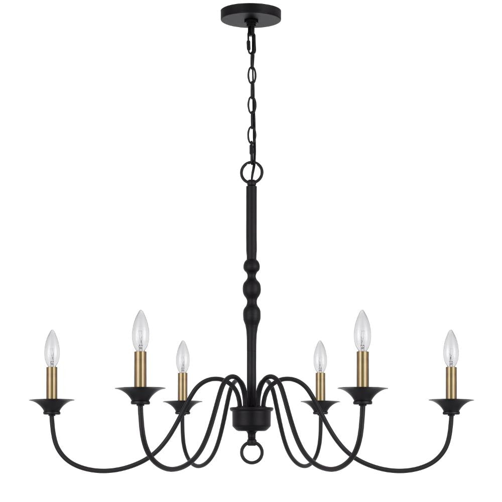 Rino 36 Inch Chandelier, Brass Candelabra Sleeve Accents, Black Metal