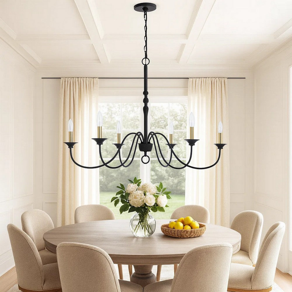 Rino 36 Inch Chandelier, Brass Candelabra Sleeve Accents, Black Metal