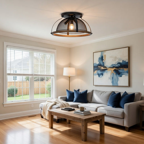 Monty 16 Inch Semi Flush Ceiling Mount Light Fixture, Black Mesh Shade