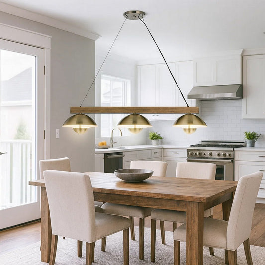 Sete 47 Inch Island Chandelier w LED, Rustic Brass Dome Shade, Wood