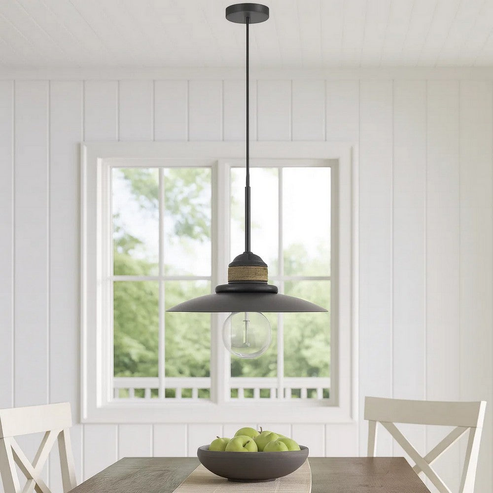 Oly 16 Inch Pendant Light w Burlap Rope Design, Dark Gray