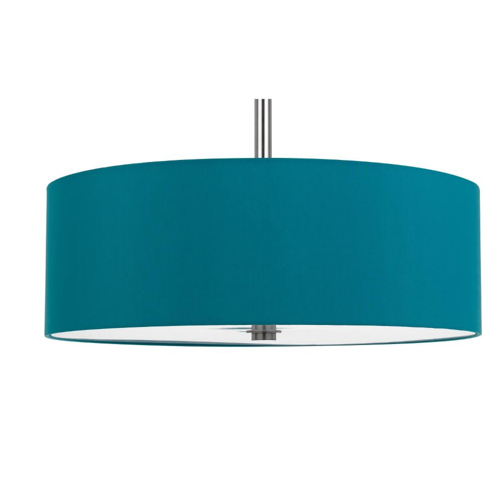 Sia Pendant Light Fixture w Blue Hardback Drum Shade, 24 Inch Chrome