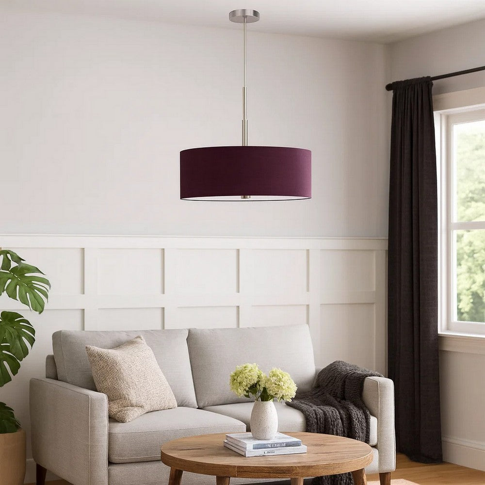 Sia Pendant Light Fixture w Plum Hardback Drum Shade, 24 Inch Chrome
