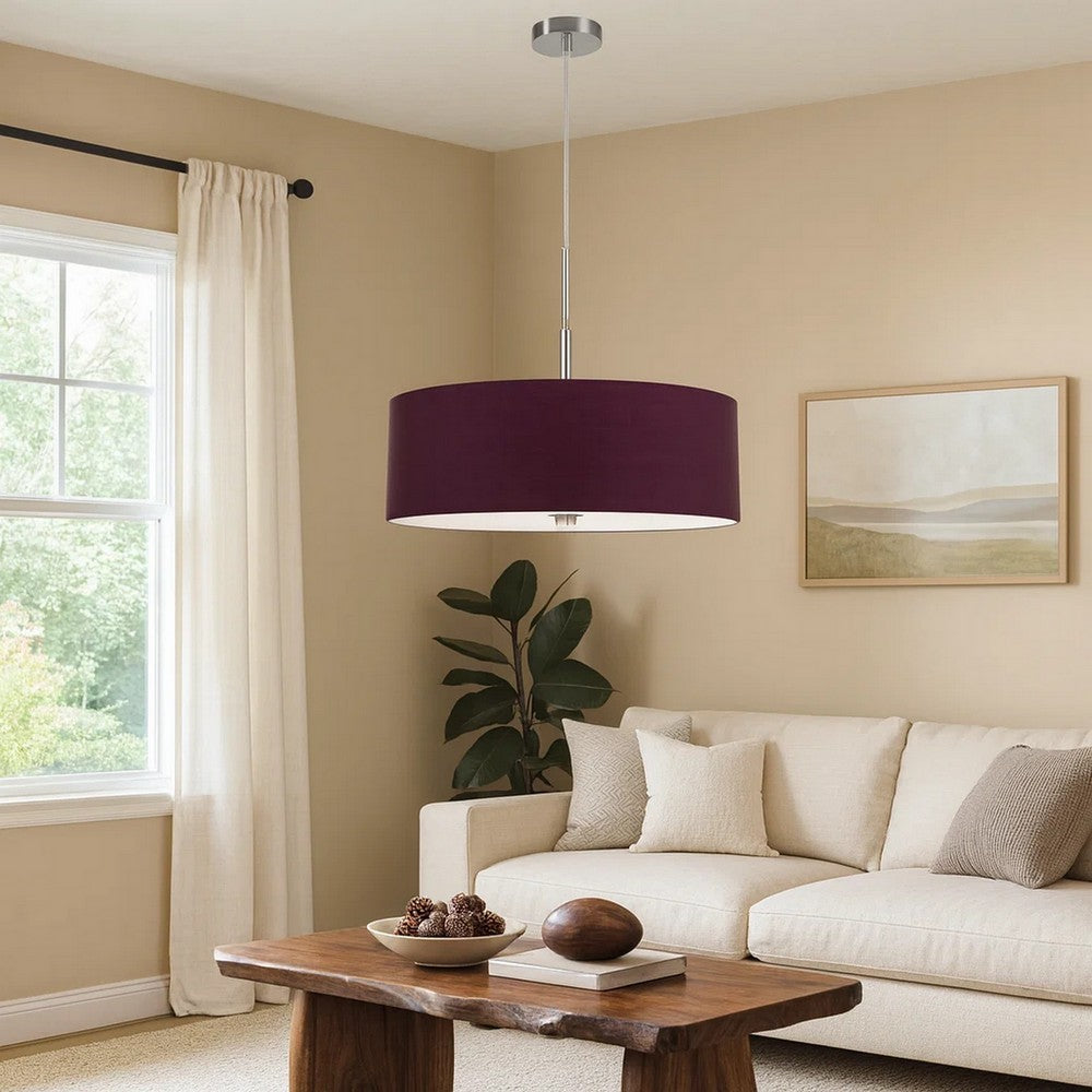 Sia Pendant Light Fixture w Plum Hardback Drum Shade, 24 Inch Chrome