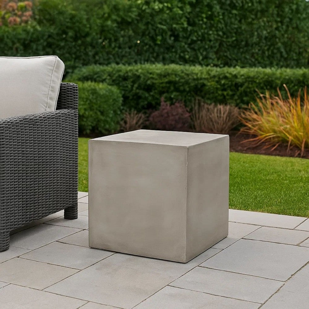 Ebec Outdoor Side Table, Modern Cube Light Gray Faux Concrete, 22 Inch