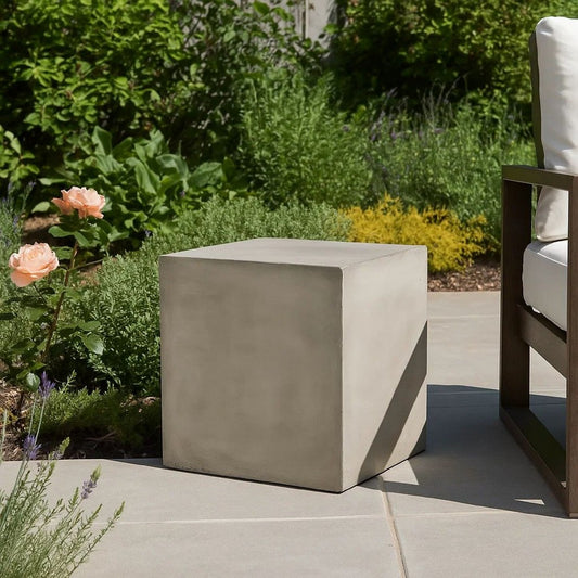 Ebec Outdoor Side Table, Modern Cube Light Gray Faux Concrete, 22 Inch