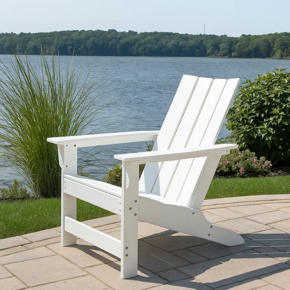 Elisa Outdoor Adirondack Chair, White Resin, Slat Panel Back and Seat