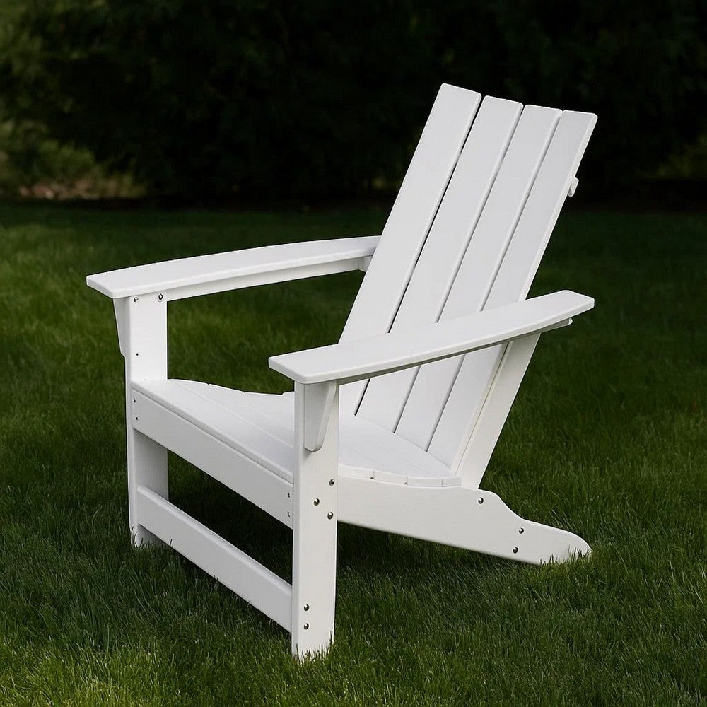 Elisa Outdoor Adirondack Chair, White Resin, Slat Panel Back and Seat