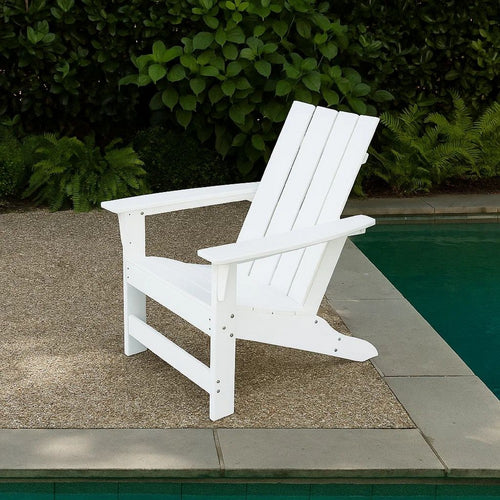 Elisa Outdoor Adirondack Chair, White Resin, Slat Panel Back and Seat