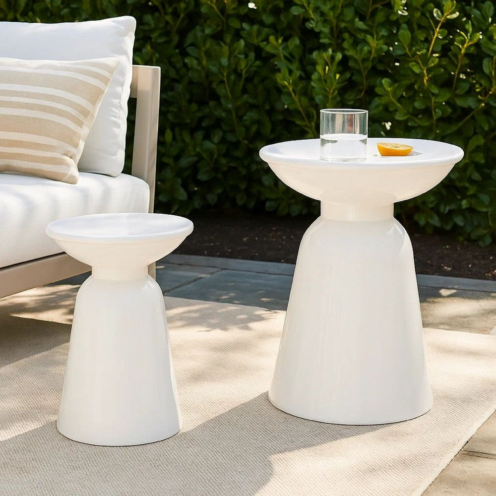 Suma Outdoor Side End Table Set of 2, Round Top, Pedestal, White Iron