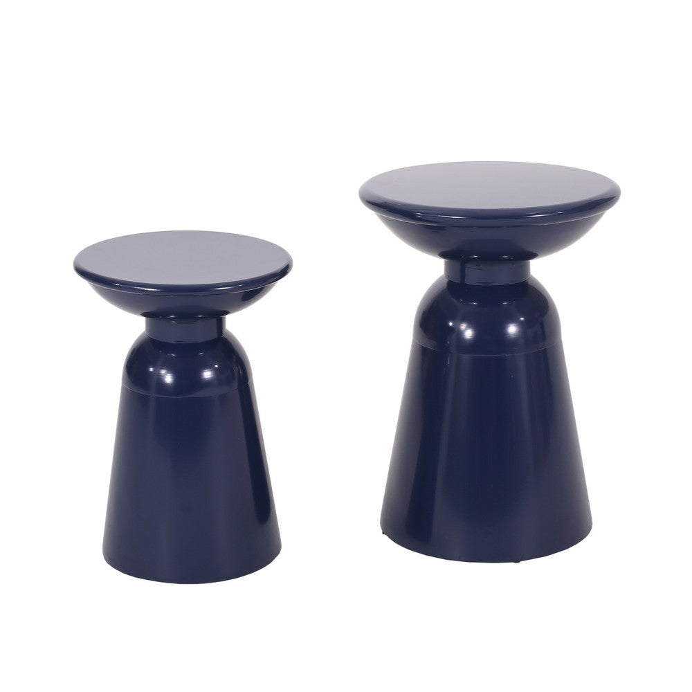 Suma Outdoor End Table Set of 2, Round, Pedestal Base, Navy Blue Iron