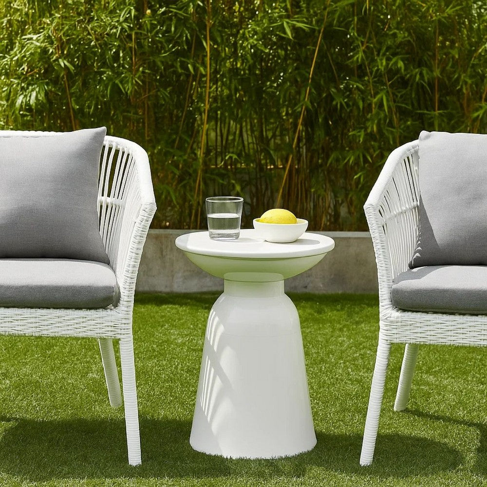 Suma Outdoor End Table, Round 15 Inch Top, Pedestal Base, White Iron