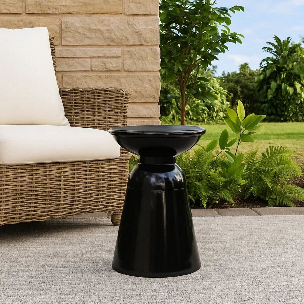 Suma Outdoor End Table, Round 15 Inch Top, Pedestal Base, Black Iron