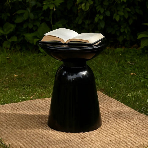 Suma Outdoor End Table, Round 15 Inch Top, Pedestal Base, Black Iron