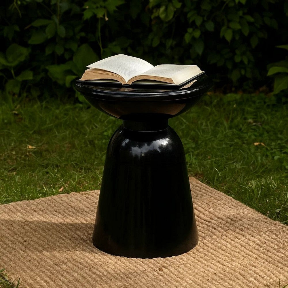 Suma Outdoor End Table, Round 15 Inch Top, Pedestal Base, Black Iron
