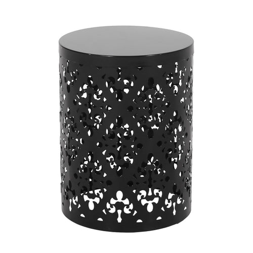 Kemo Outdoor End Table, Round 14 Inch, Cutout Design, Black Iron Frame