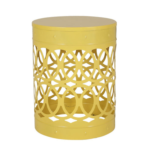 Kemo Outdoor End Table, Round 14 Inch, Cutout Design, Yellow Frame