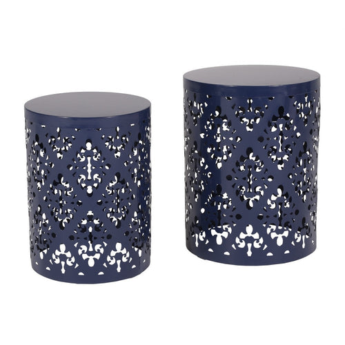 Kemo Outdoor End Table Set of 2, Round Top, Cutout Design, Navy Blue