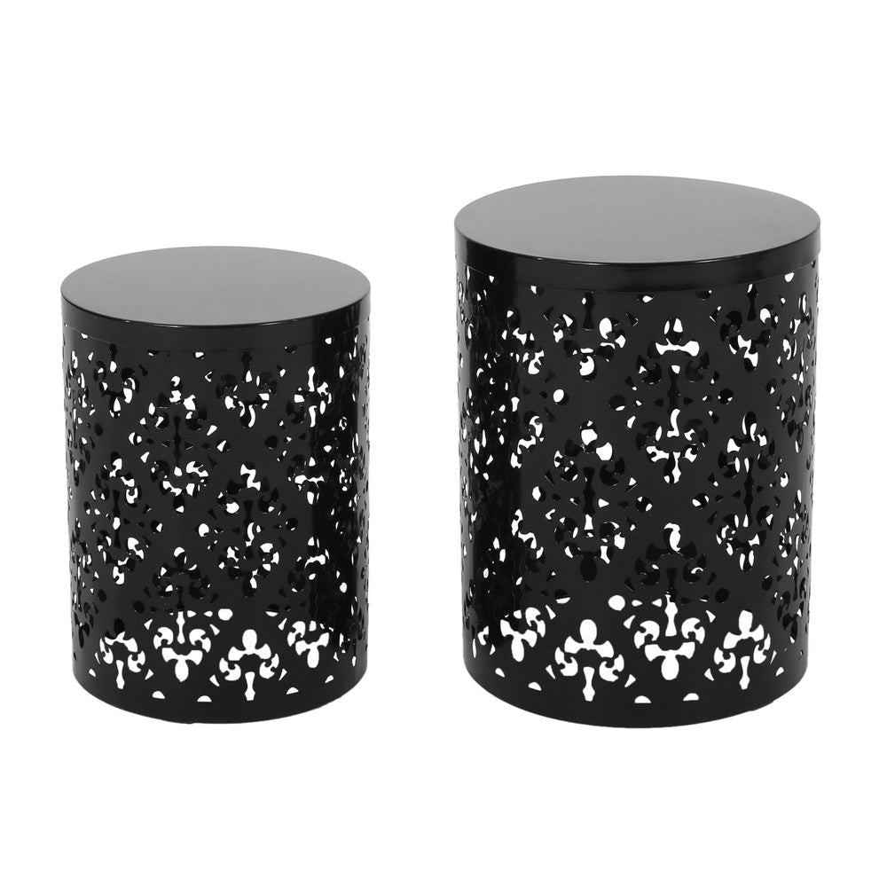 Kemo Outdoor End Table Set of 2, Round Top, Cutout Design, Black Iron