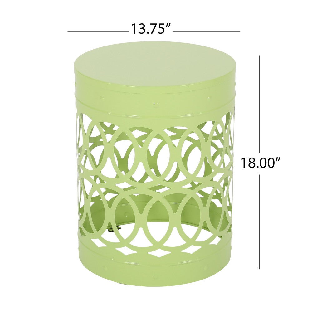 Kemo Outdoor End Table, Round 14 Inch, Cutout Design, Green Iron Frame