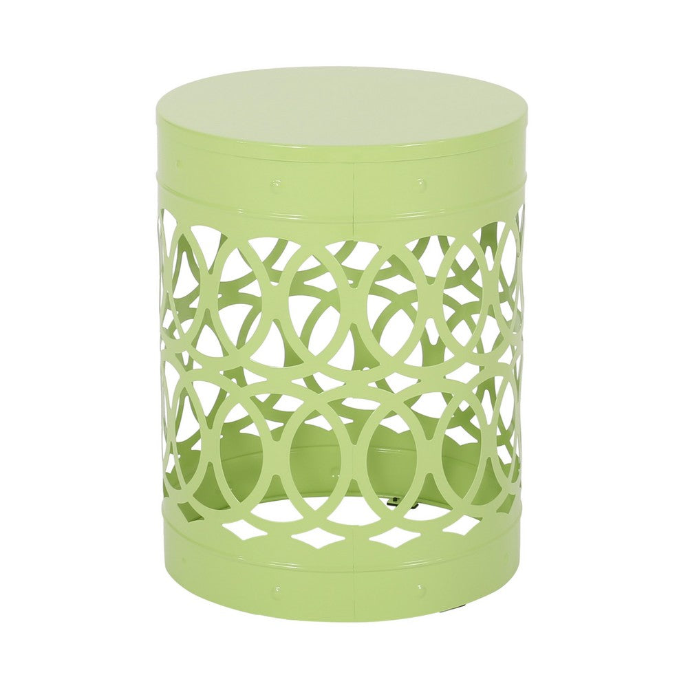 Kemo Outdoor End Table, Round 14 Inch, Cutout Design, Green Iron Frame
