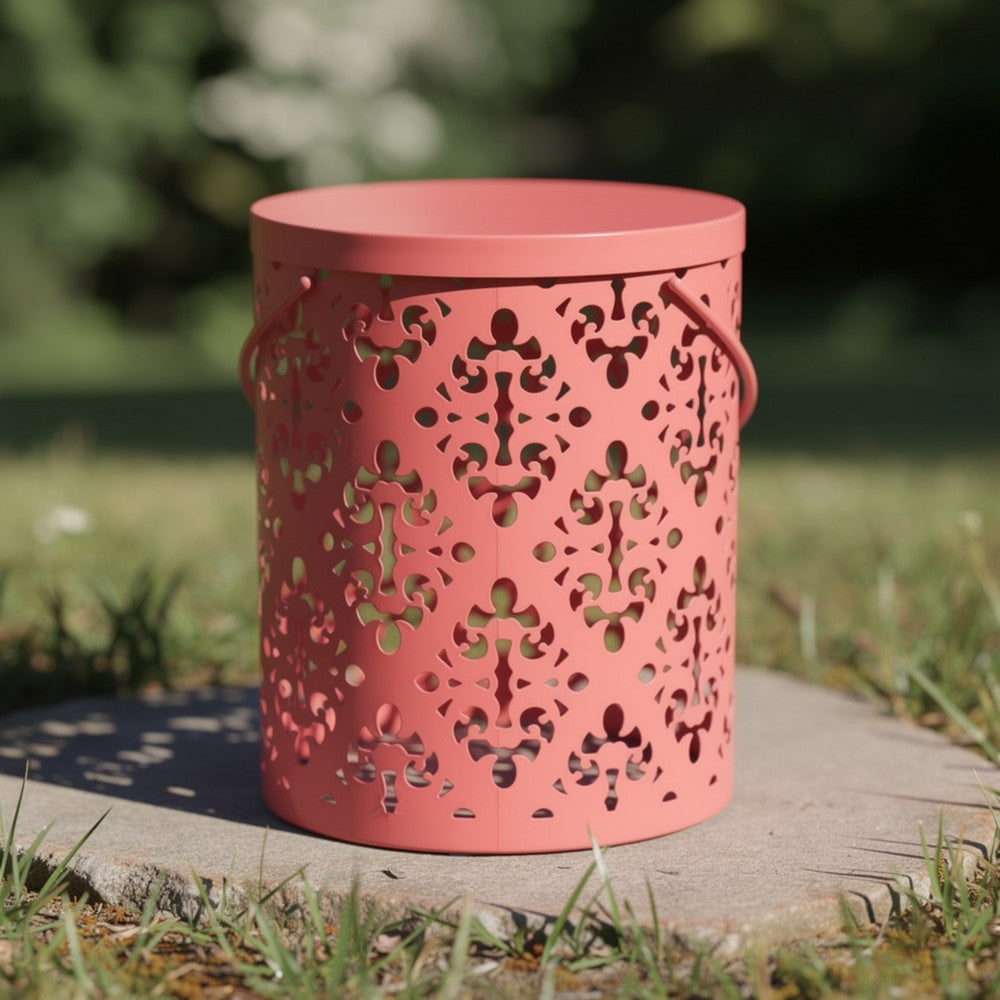 Kemo Outdoor End Table, Round 14", Cutout Design, Peach Iron
