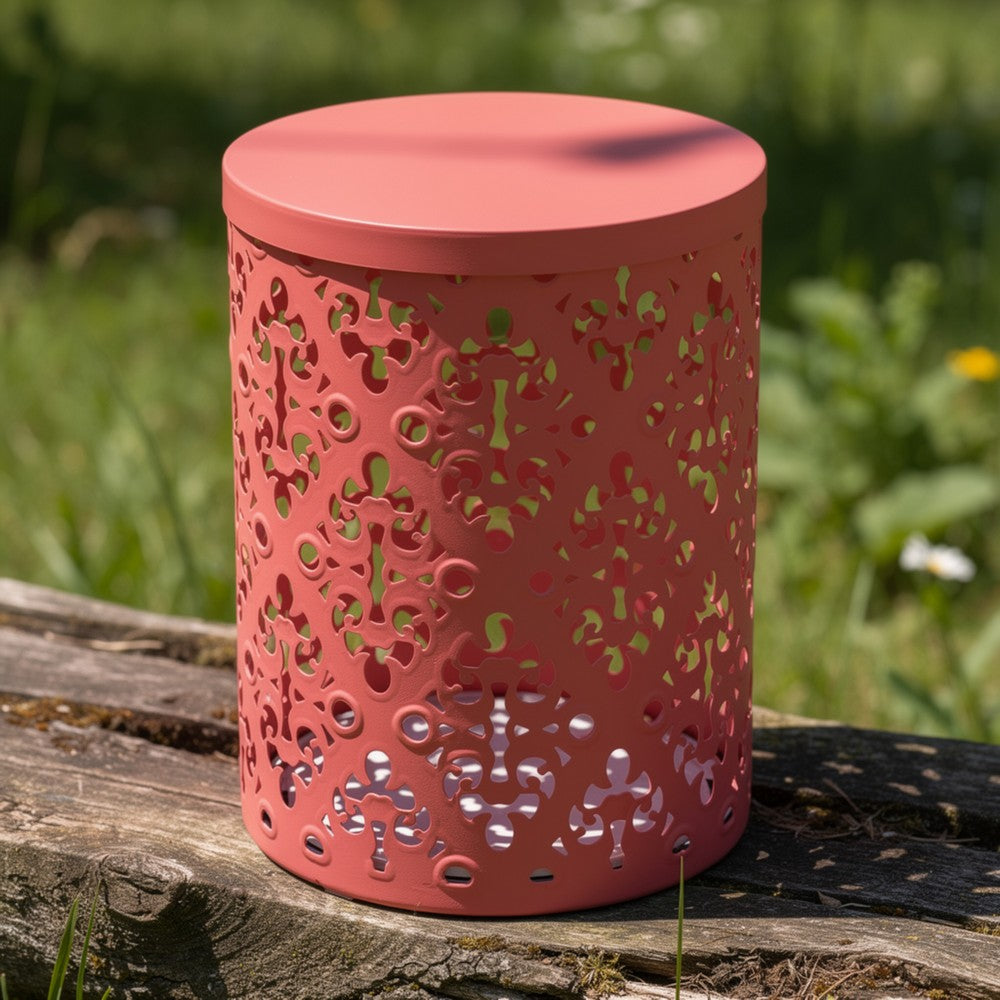 Kemo Outdoor End Table, Round 14", Cutout Design, Peach Iron