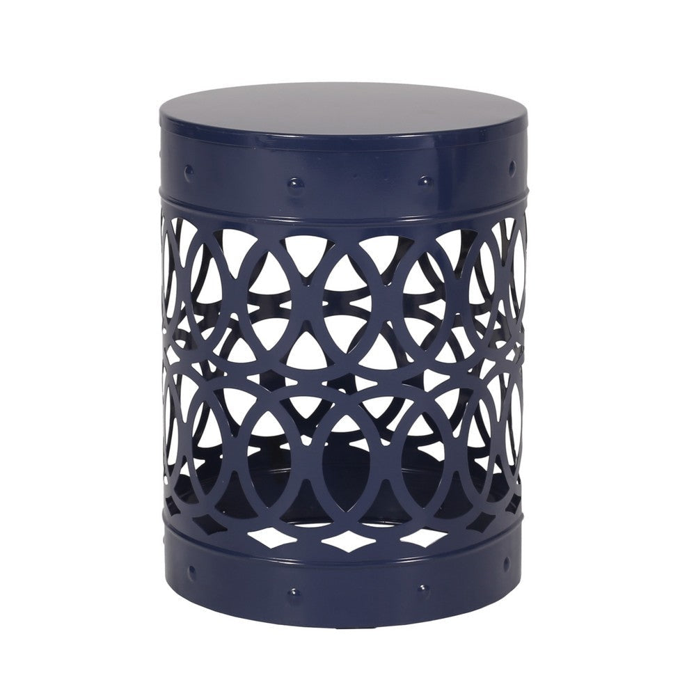 Kemo Outdoor End Table Round 14 Inch Cutout Design Navy Blue Iron